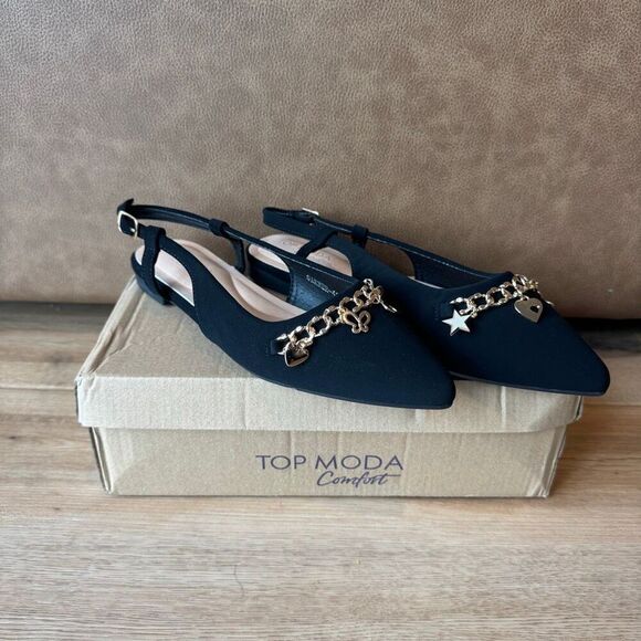 TOP Moda Charmed Life Slingback Flats 7.5 NIB Pointed Toe Black Gold Chain Charm - Picture 3 of 7